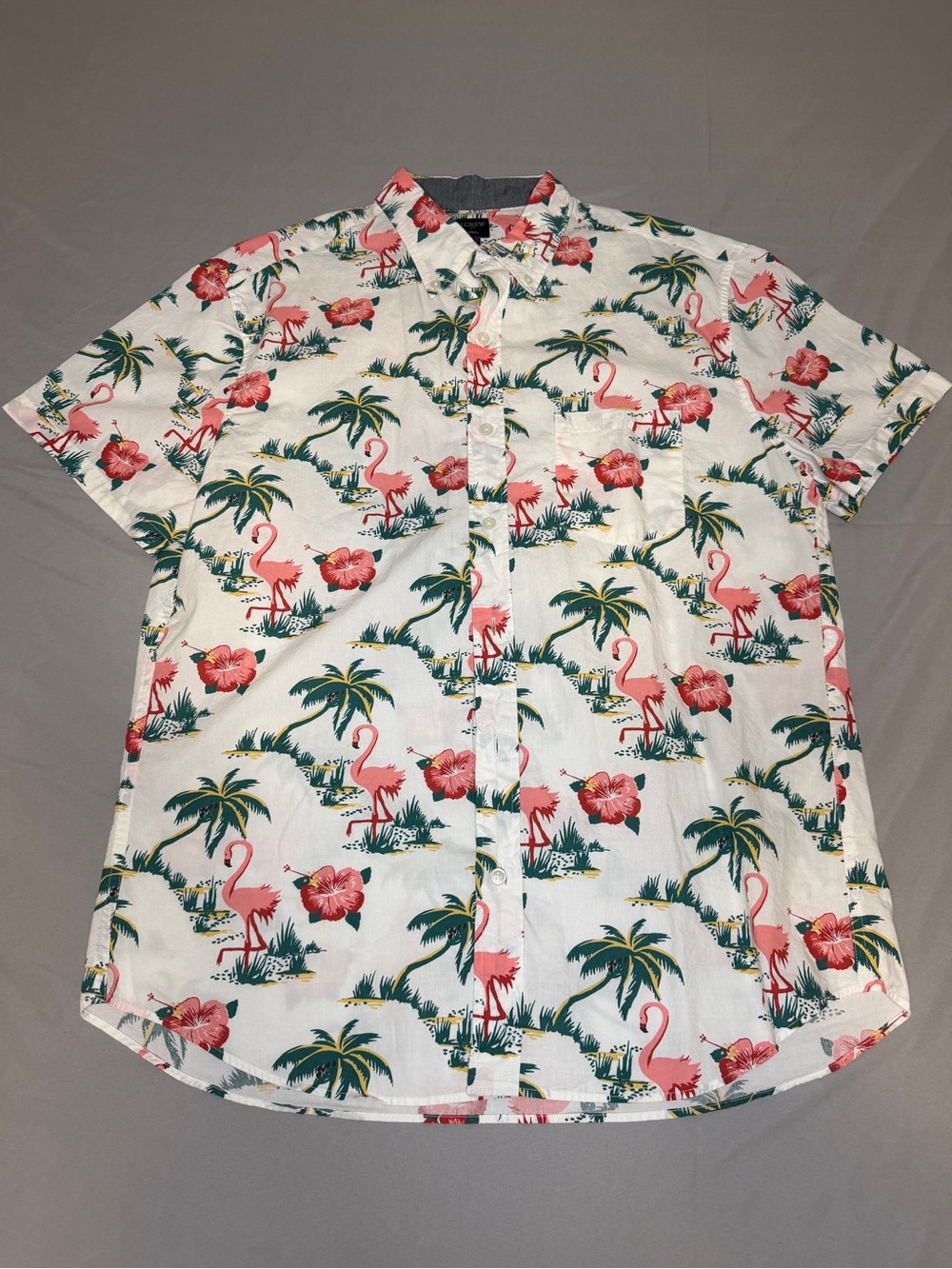J. Crew White Short-Sleeve Shirt with Pink Flamingo & Green Palm Print